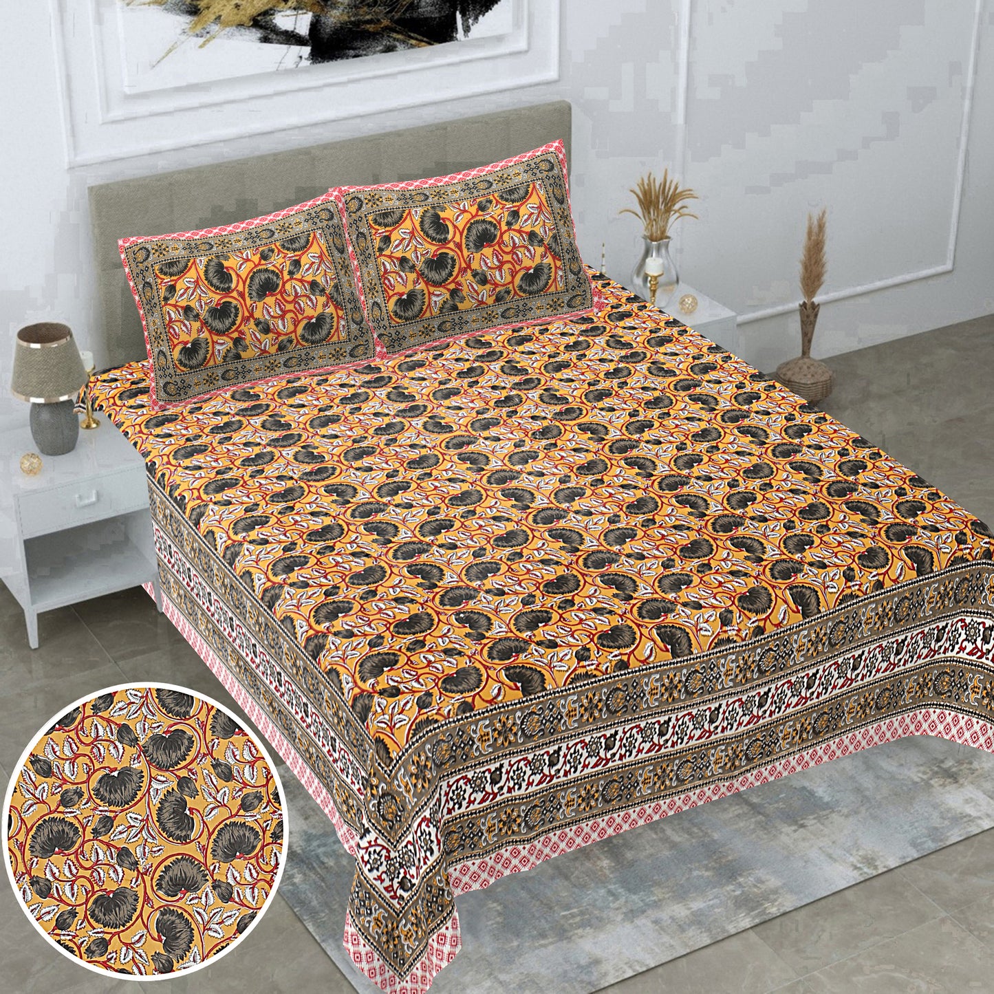 Mandovi 210 TC Cotton Bed Sheet with 2 Pillow Covers - Printed