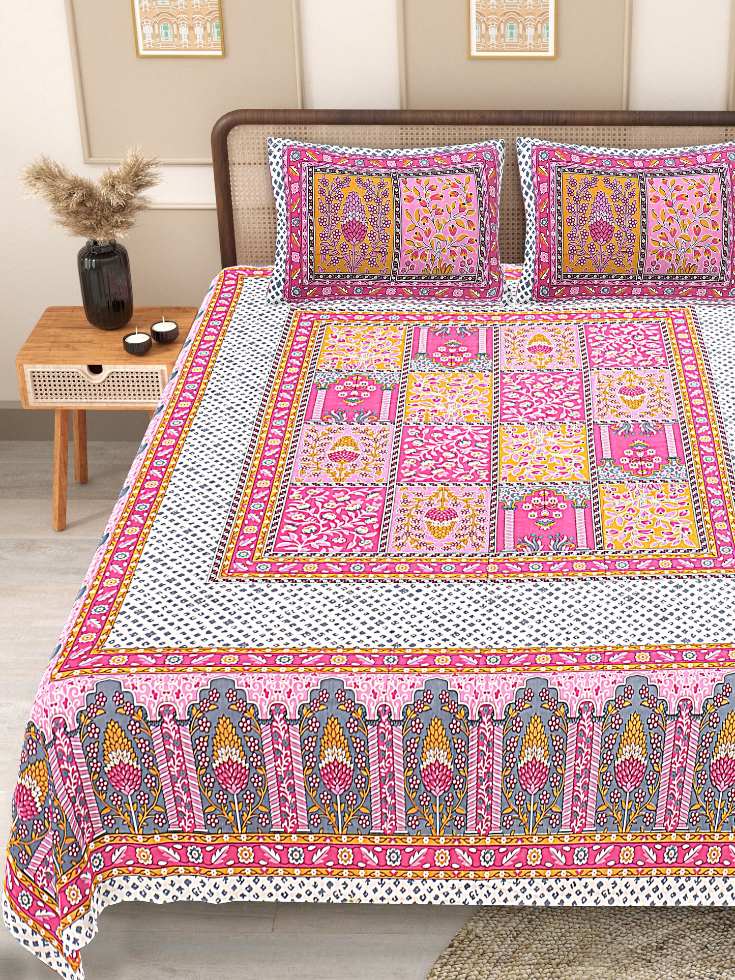 Mandovi 210 TC Cotton Bed Sheet with 2 Pillow Covers - Printed