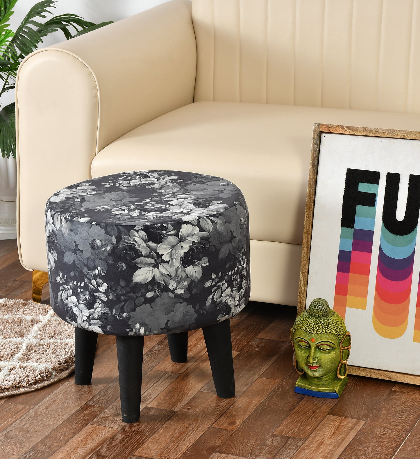 Warli Ottoman Stool - Printed Silver - Clover Home Furnishings