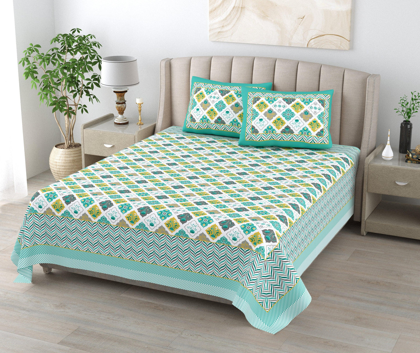 Mahanadi 310 TC Cotton Bed Sheet with 2 Pillow Covers - Printed - Clover Home Furnishings