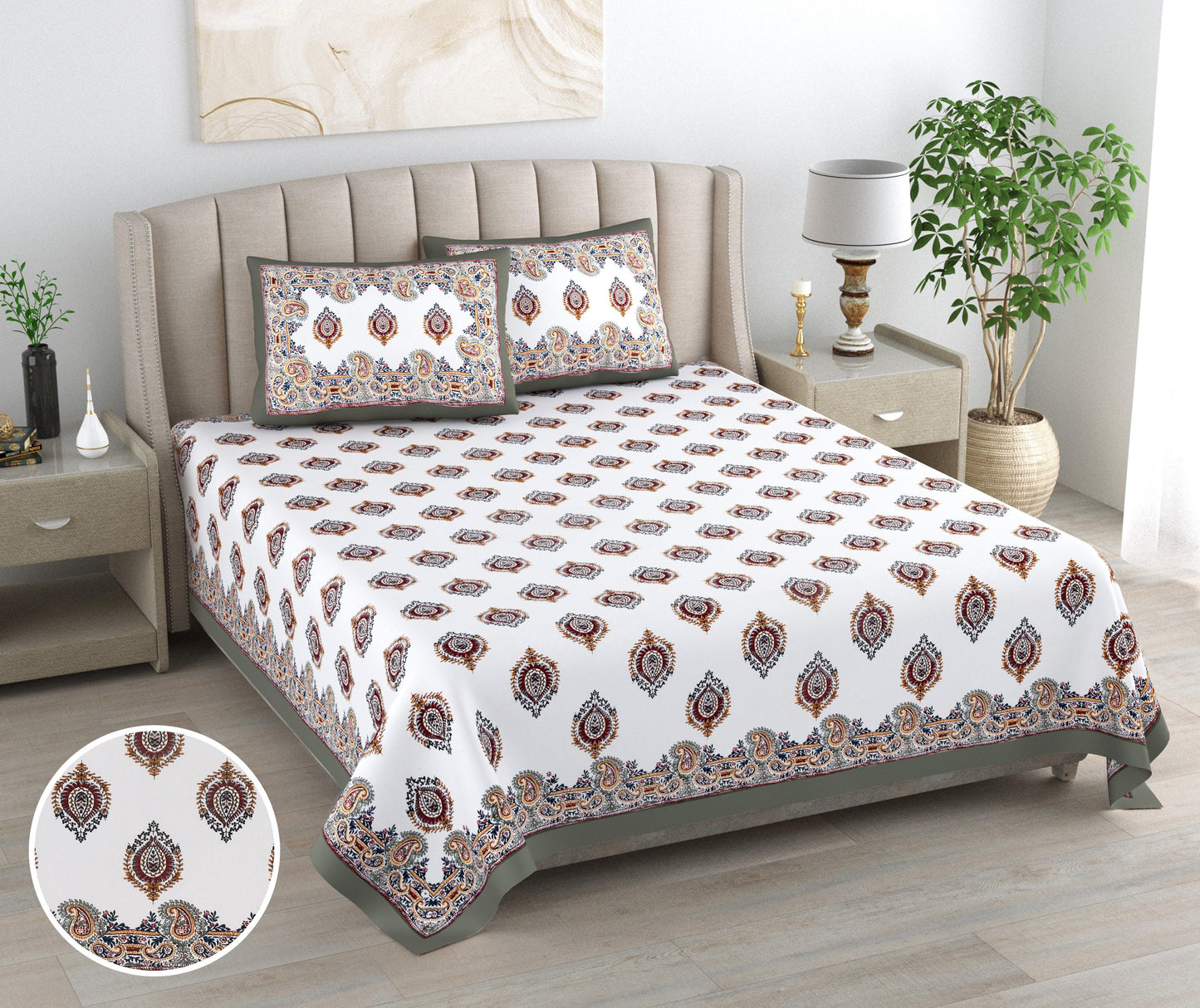 Mahanadi 310 TC Cotton Bed Sheet with 2 Pillow Covers - Printed - Clover Home Furnishings