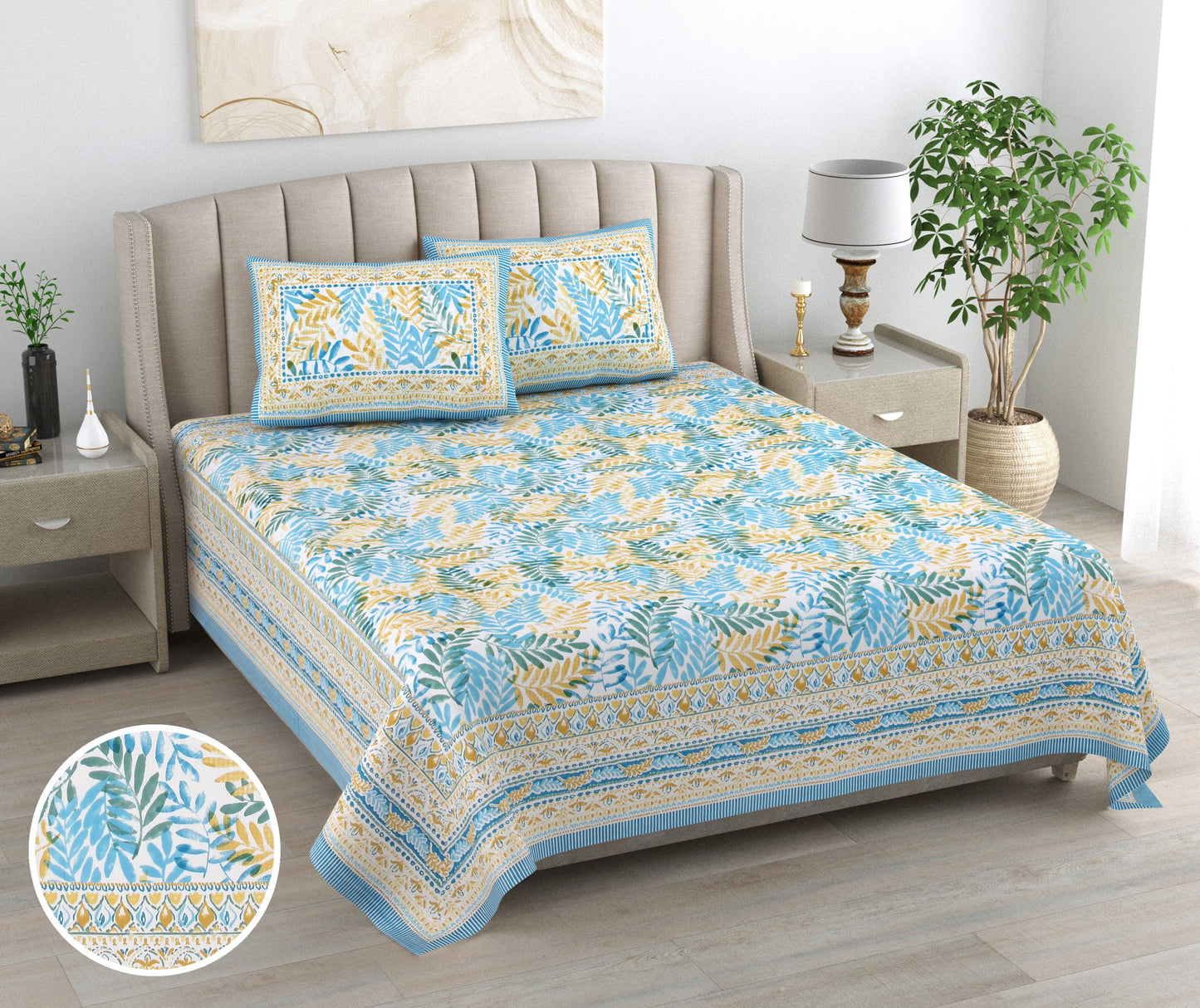 Mahanadi 310 TC Cotton Bed Sheet with 2 Pillow Covers - Printed - Clover Home Furnishings