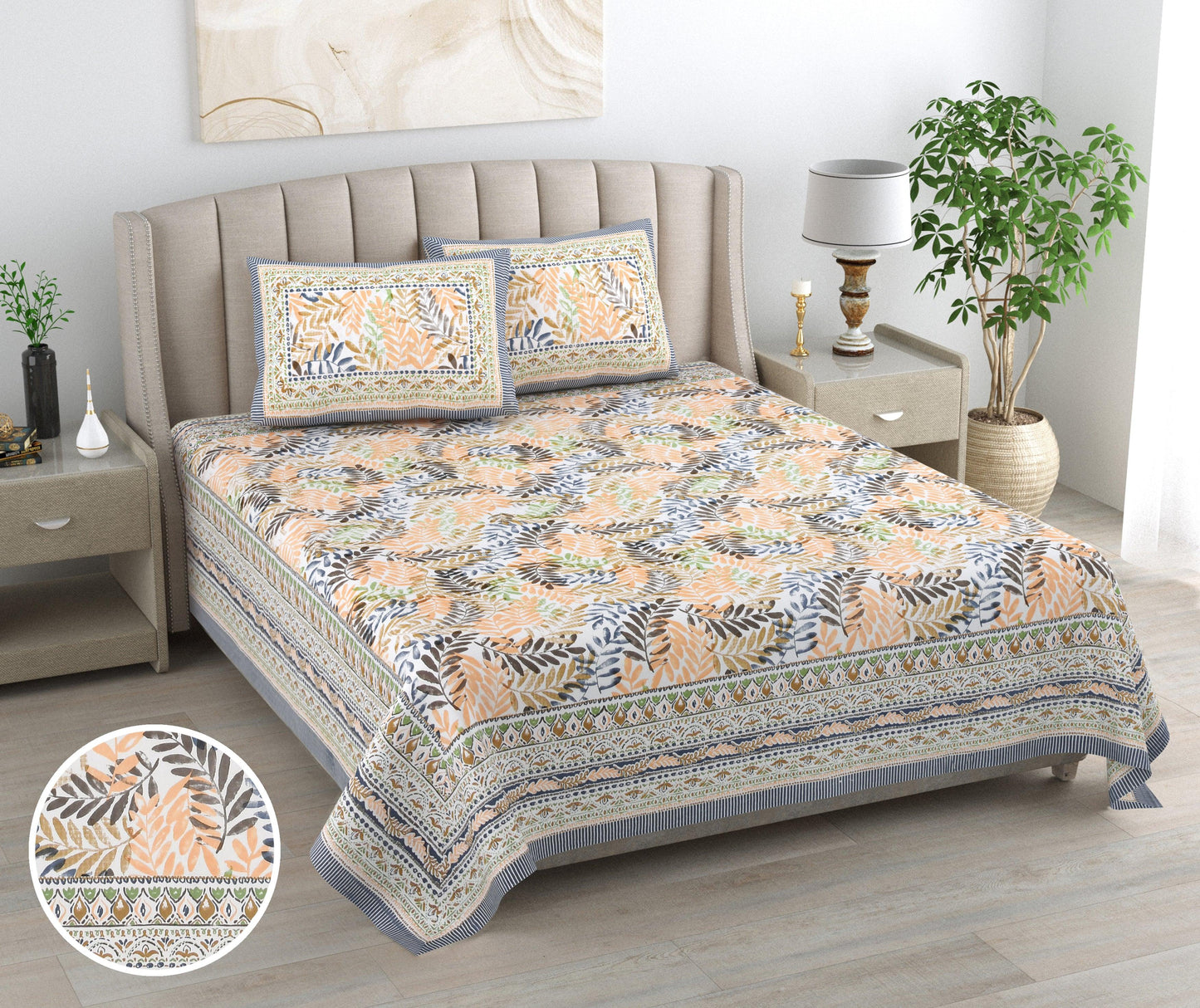 Mahanadi 310 TC Cotton Bed Sheet with 2 Pillow Covers - Printed - Clover Home Furnishings
