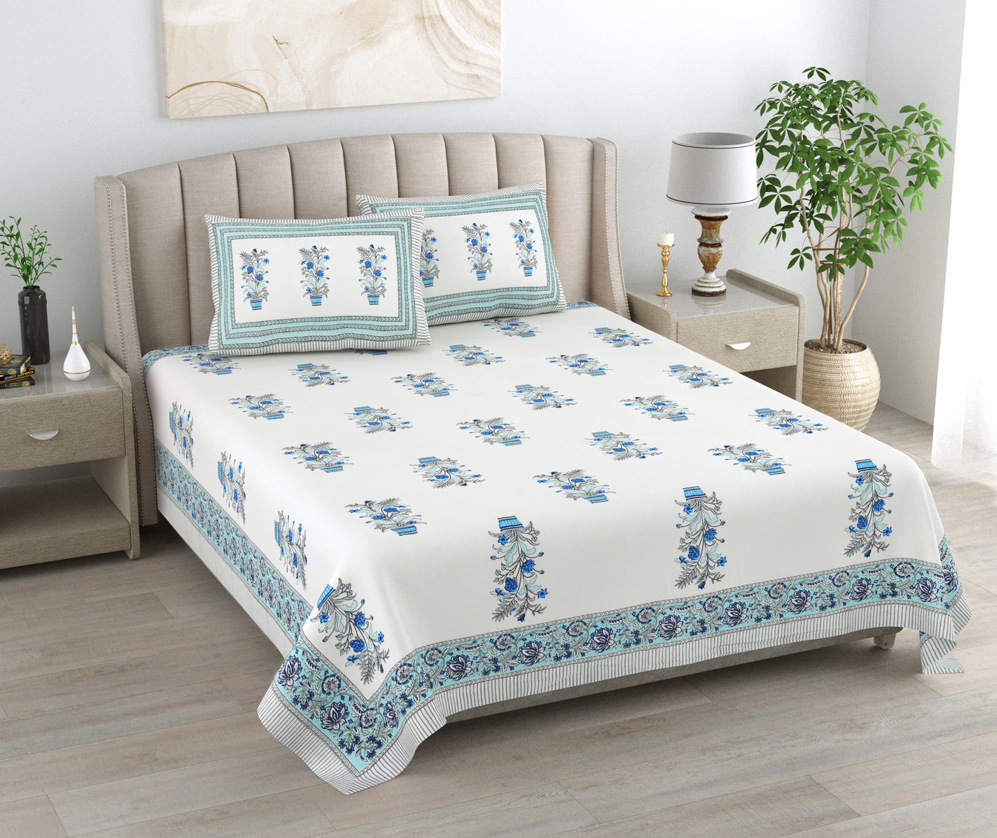 Mahanadi 310 TC Cotton Bed Sheet with 2 Pillow Covers - Printed - Clover Home Furnishings