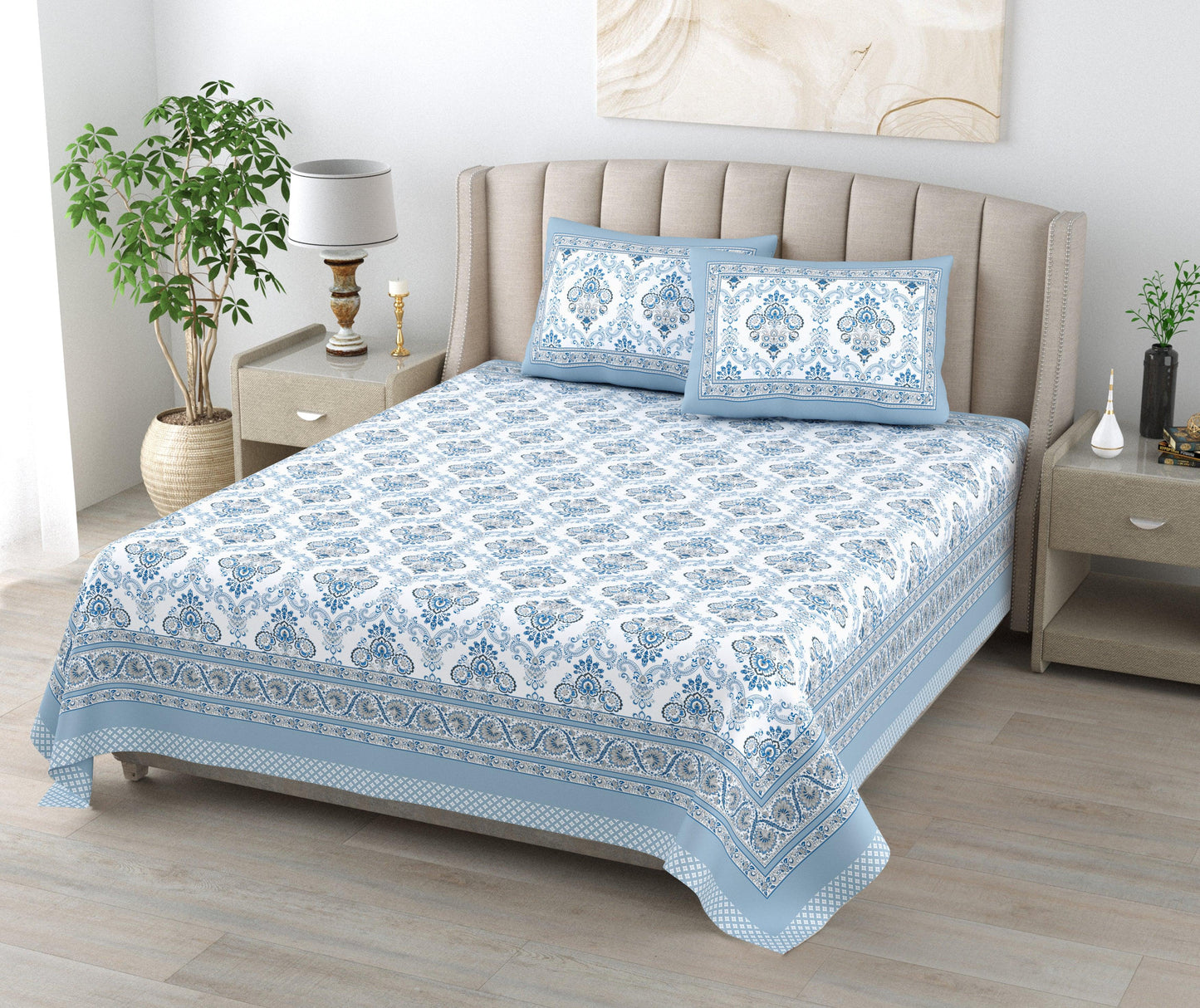 Mahanadi 310 TC Cotton Bed Sheet with 2 Pillow Covers - Printed - Clover Home Furnishings