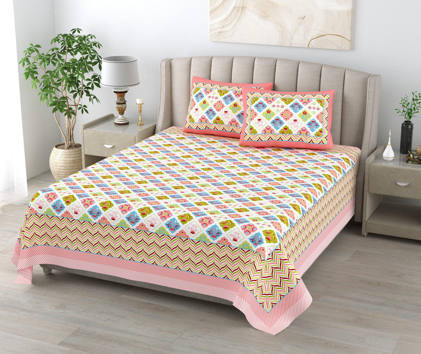 Mahanadi 310 TC Cotton Bed Sheet with 2 Pillow Covers - Printed - Clover Home Furnishings