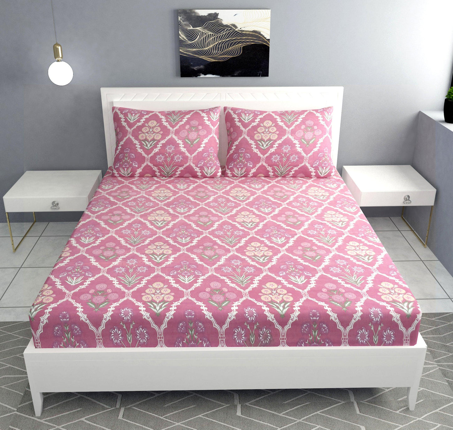 Cauvery 248 TC Cotton Satin Double Bedsheet with 2 Pillow Covers - Printed Pink - Clover Home Furnishings