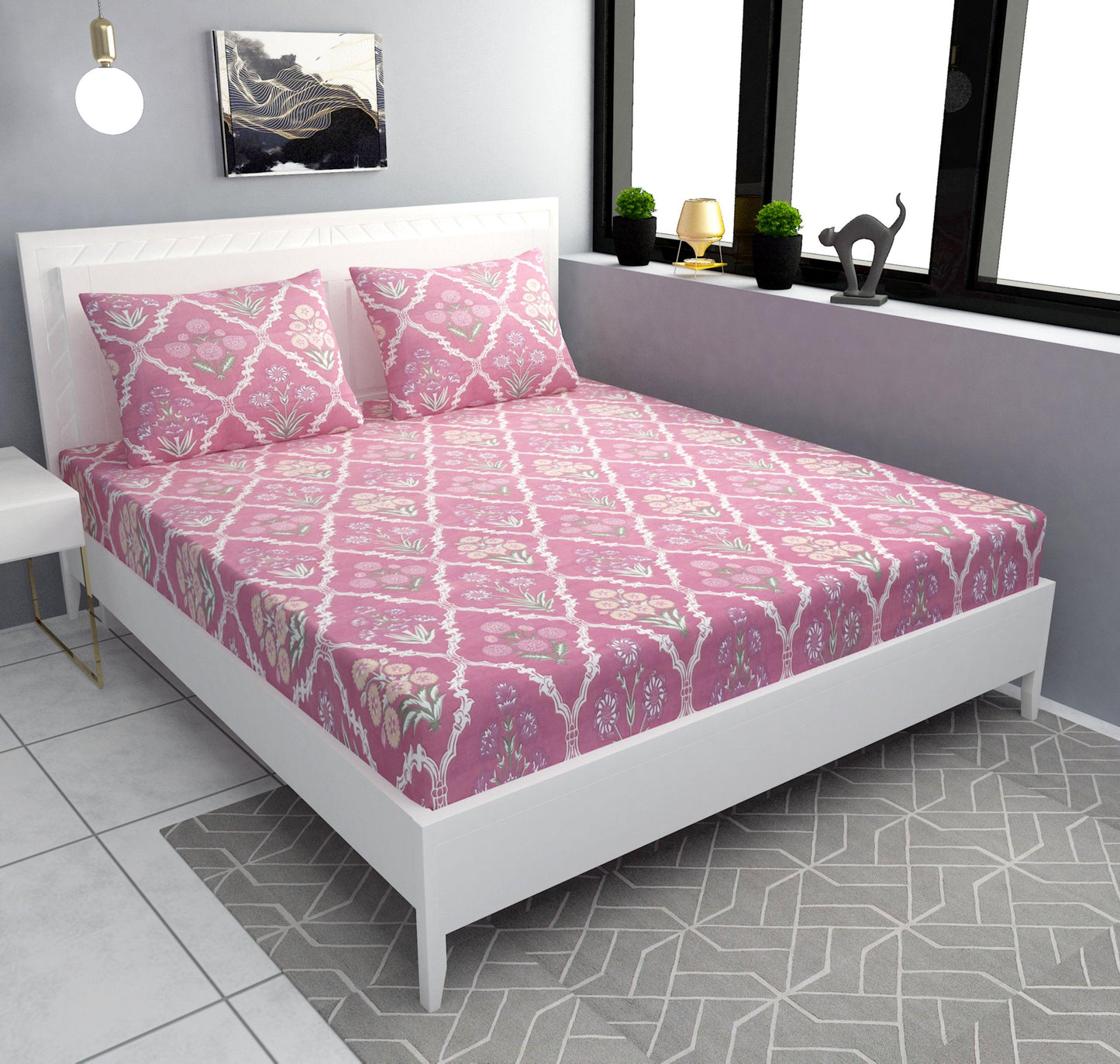 Cauvery 248 TC Cotton Satin Double Bedsheet with 2 Pillow Covers - Printed Pink - Clover Home Furnishings