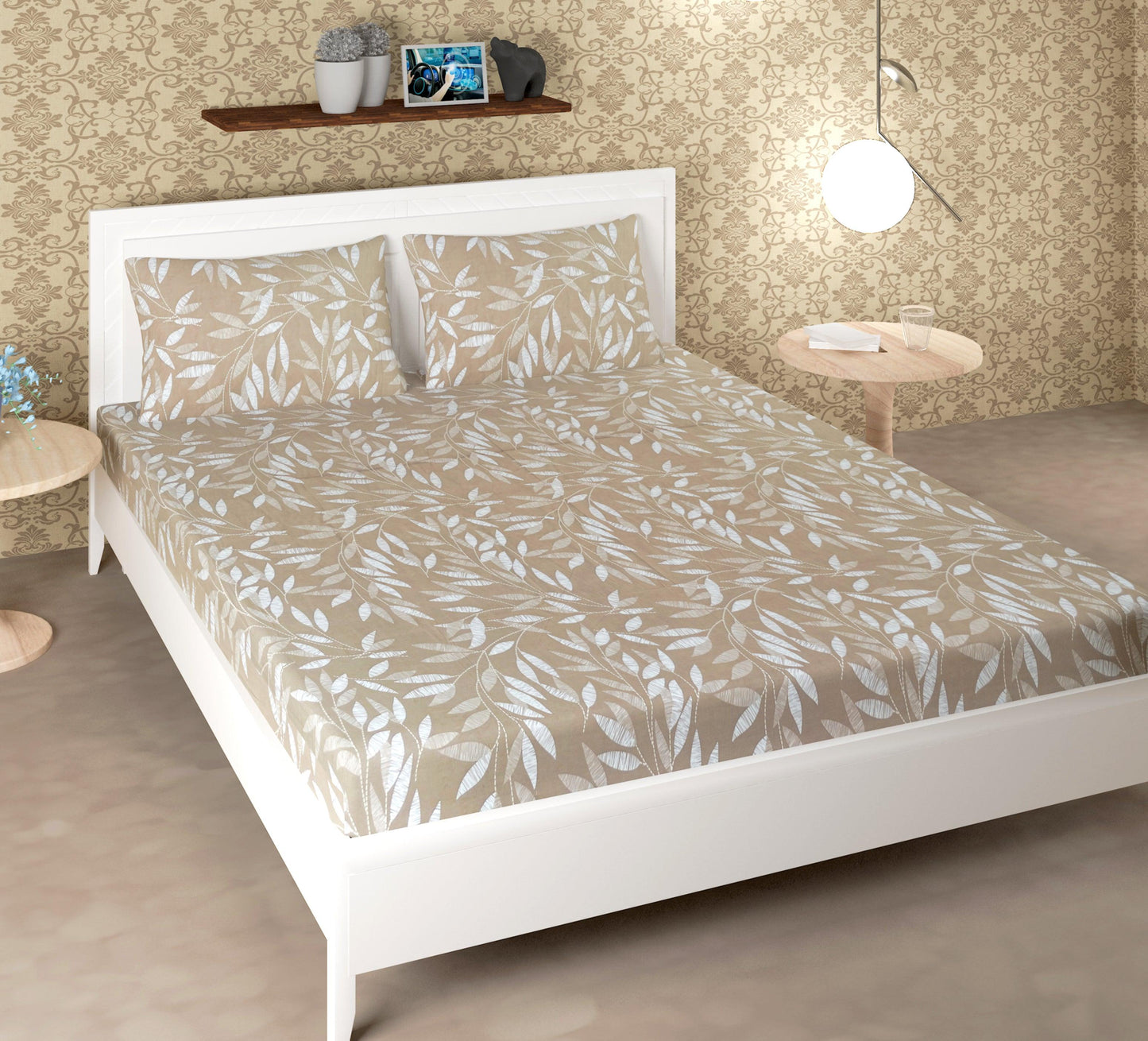 Godawari 188 TC Cotton Satin Double Bedsheet with 2 Pillow Covers - Printed Brown - Clover Home Furnishings