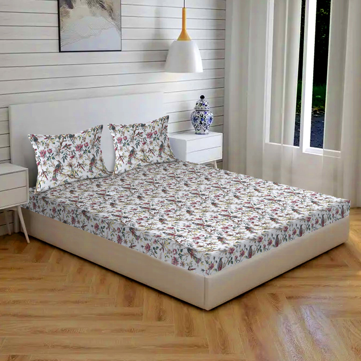 Rapti 310 TC Cotton Bed Sheet with 2 Pillow Covers - Printed