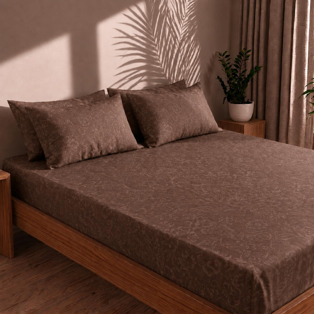 Self Design Floral Bedsheet — Brown