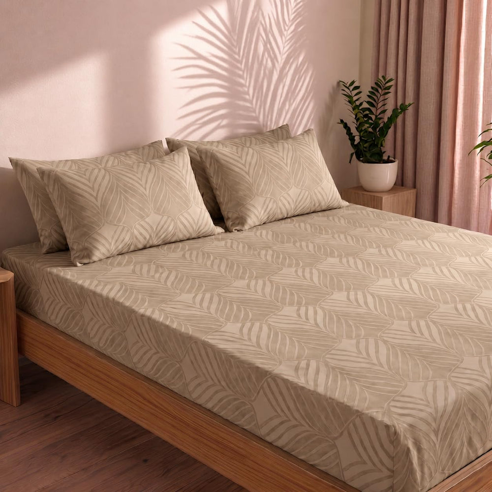 Tropical Leaf Pattern Bedsheet — Light Beige