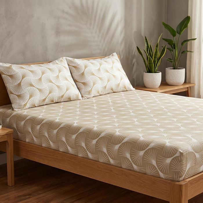 Geometric Fan Bedsheet — Beige & White