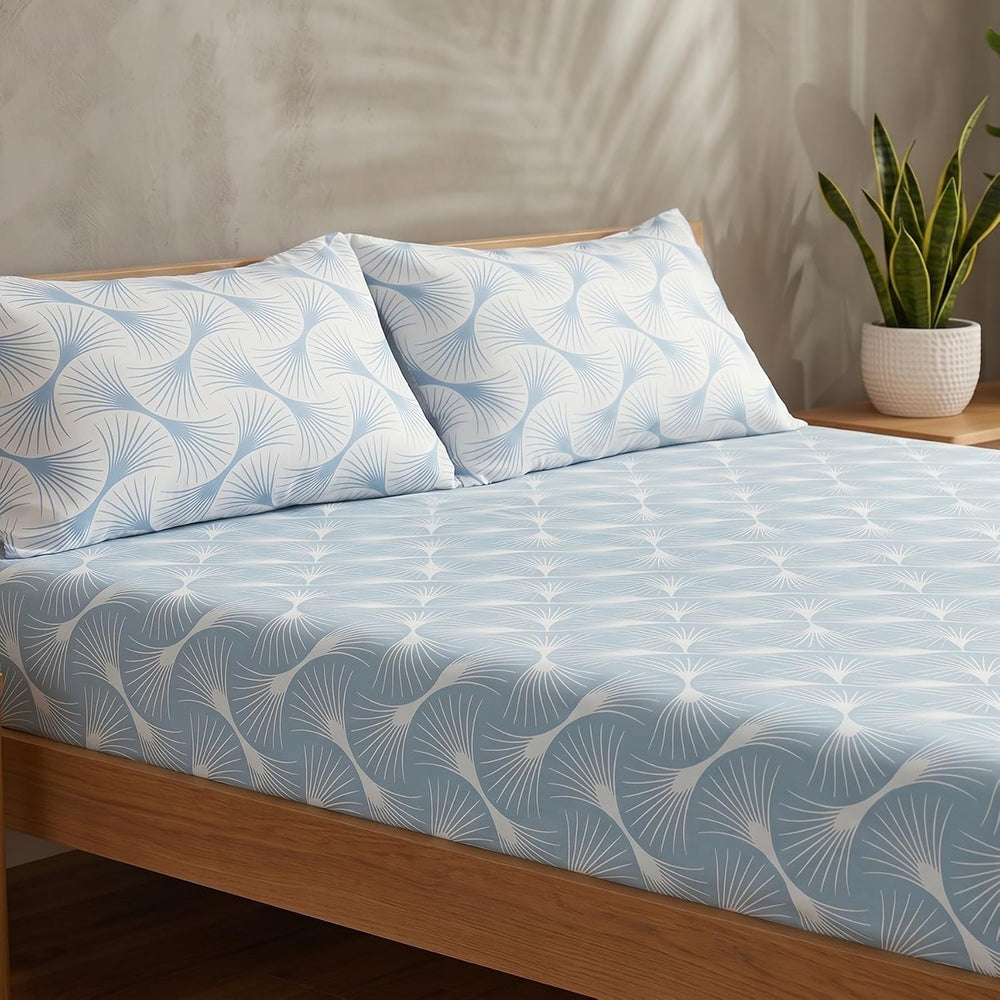 Geometric Fan Bedsheet — Sky Blue & White