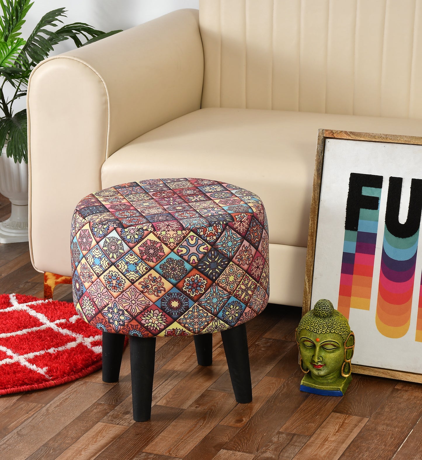 Warli Ottoman Stool - Printed Pink - Clover Home Furnishings