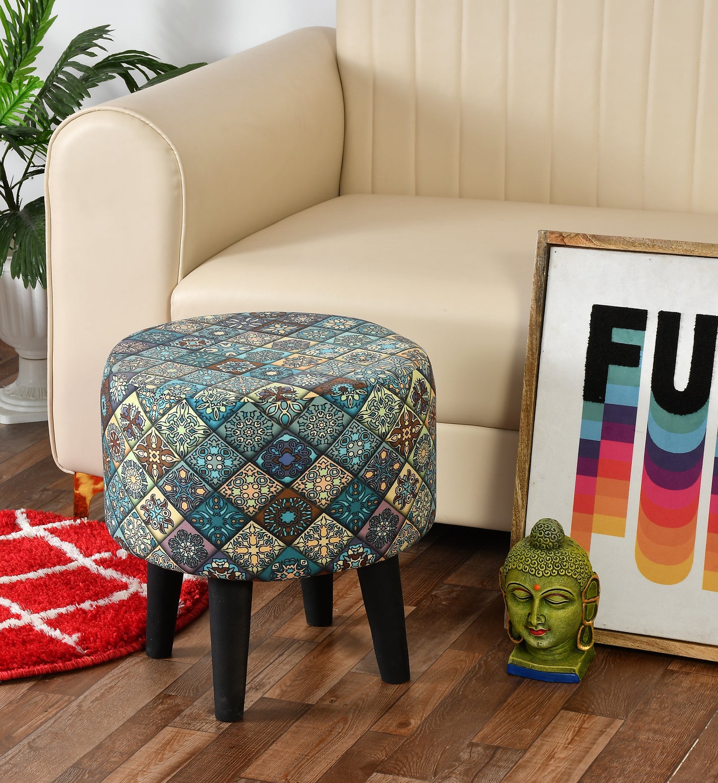Warli Ottoman Stool - Printed Teal - Clover Home Furnishings