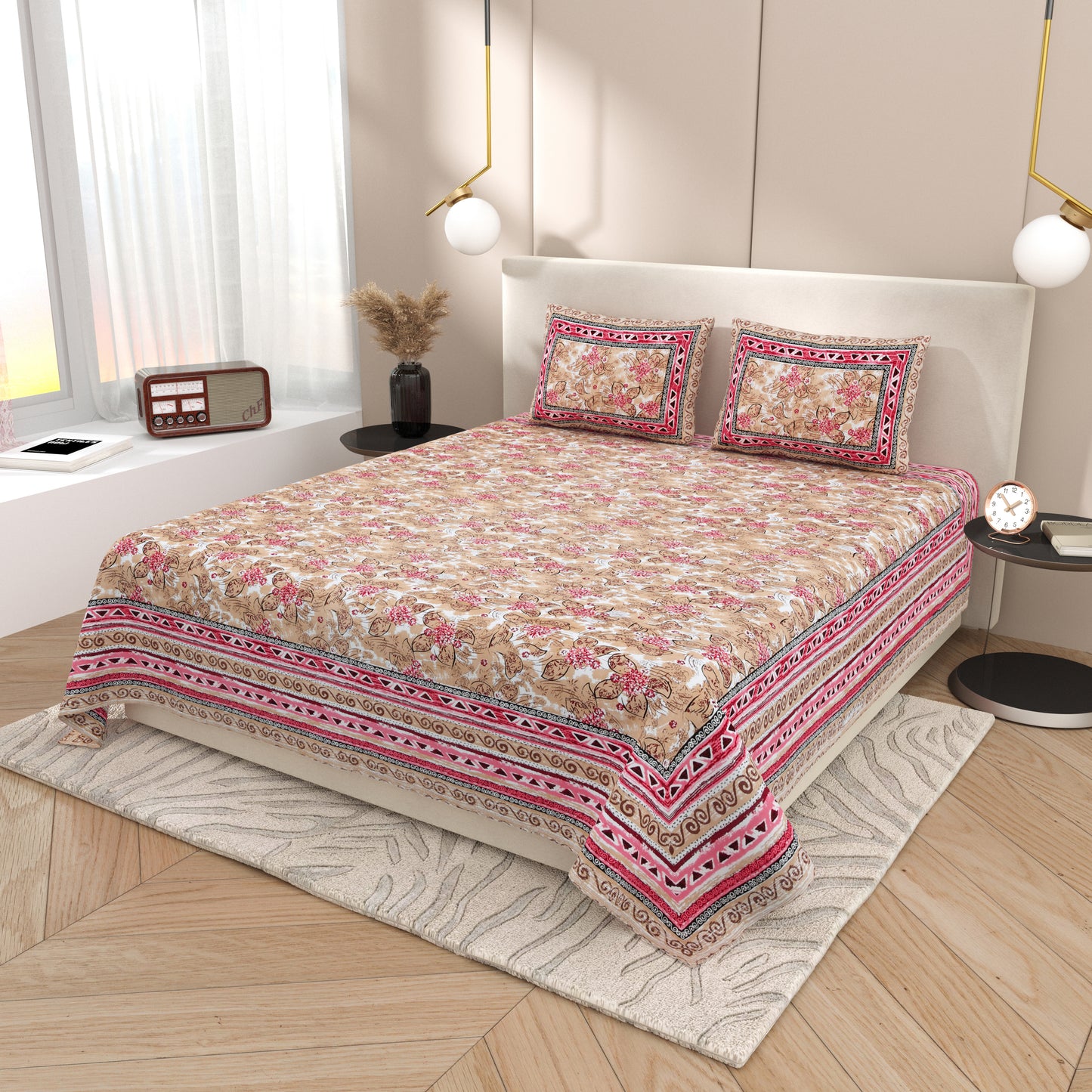 Tista 310 TC Cotton Bed Sheet with 2 Pillow Covers - Printed