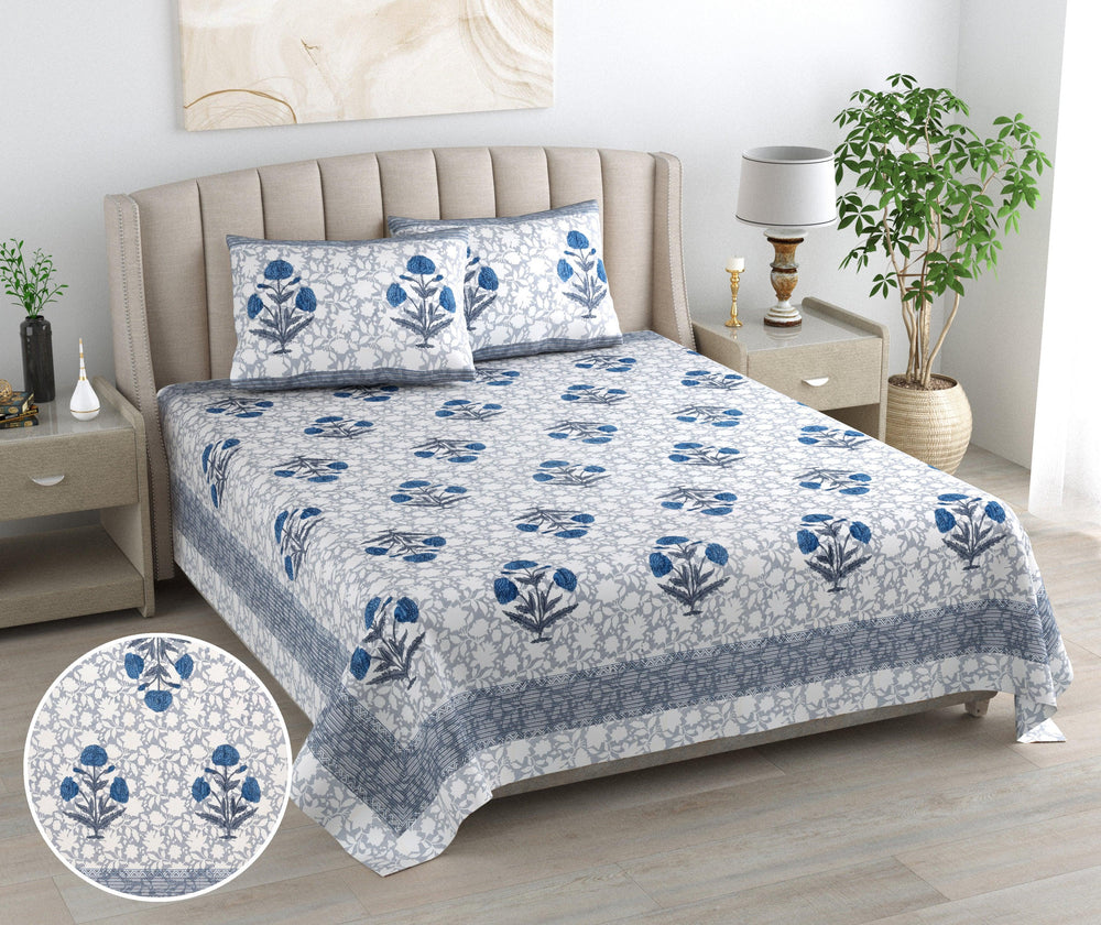 Mahanadi 310 TC Cotton Bed Sheet with 2 Pillow Covers - Printed - Clover Home Furnishings