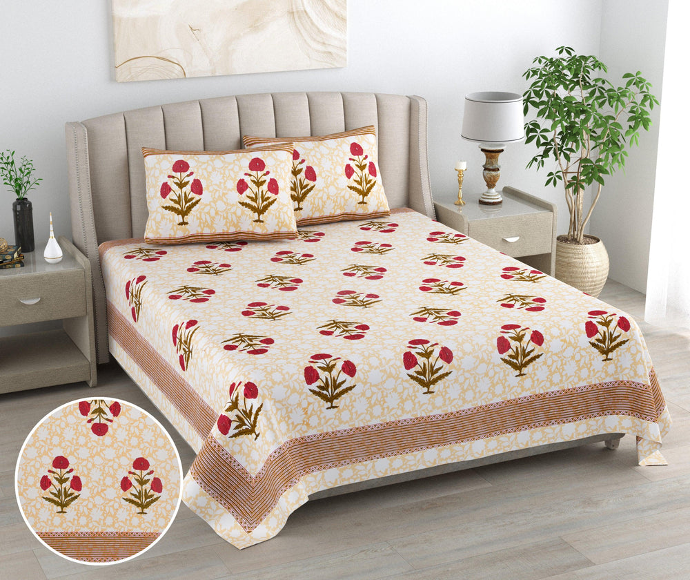 Mahanadi 310 TC Cotton Bed Sheet with 2 Pillow Covers - Printed - Clover Home Furnishings