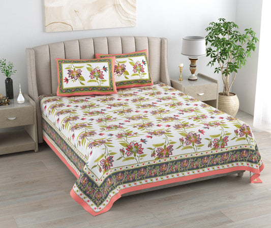 Mahanadi 310 TC Cotton Bed Sheet with 2 Pillow Covers - Printed - Clover Home Furnishings