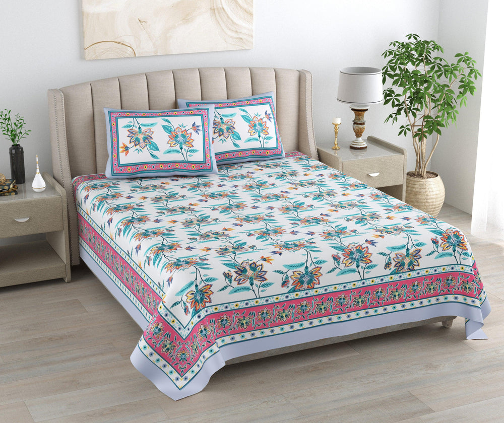 Mahanadi 310 TC Cotton Bed Sheet with 2 Pillow Covers - Printed - Clover Home Furnishings