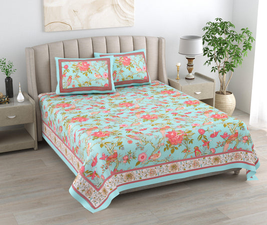 Mahanadi 310 TC Cotton Bed Sheet with 2 Pillow Covers - Printed - Clover Home Furnishings