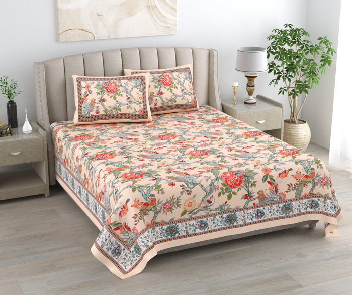 Mahanadi 310 TC Cotton Bed Sheet with 2 Pillow Covers - Printed - Clover Home Furnishings