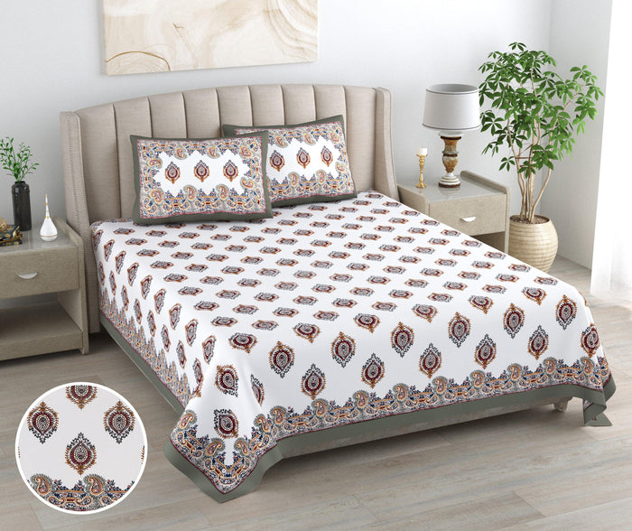 Mahanadi 310 TC Cotton Bed Sheet with 2 Pillow Covers - Printed - Clover Home Furnishings