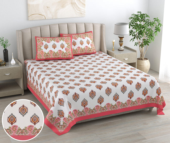 Mahanadi 310 TC Cotton Bed Sheet with 2 Pillow Covers - Printed - Clover Home Furnishings