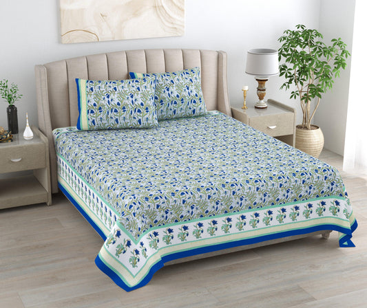 Mahanadi 310 TC Cotton Bed Sheet with 2 Pillow Covers - Printed - Clover Home Furnishings