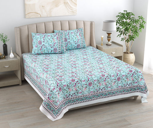 Mahanadi 310 TC Cotton Bed Sheet with 2 Pillow Covers - Printed - Clover Home Furnishings