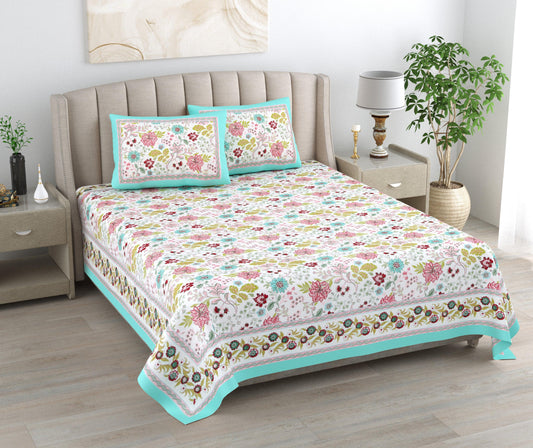 Mahanadi 310 TC Cotton Bed Sheet with 2 Pillow Covers - Printed - Clover Home Furnishings