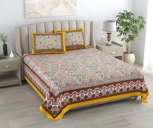 Mahanadi 310 TC Cotton Bed Sheet with 2 Pillow Covers - Printed - Clover Home Furnishings
