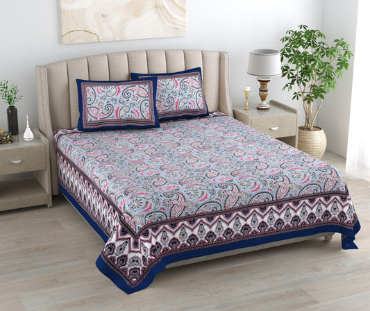 Mahanadi 310 TC Cotton Bed Sheet with 2 Pillow Covers - Printed - Clover Home Furnishings
