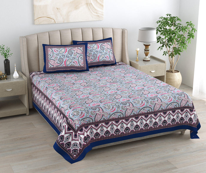 Mahanadi 310 TC Cotton Bed Sheet with 2 Pillow Covers - Printed - Clover Home Furnishings