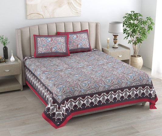 Mahanadi 310 TC Cotton Bed Sheet with 2 Pillow Covers - Printed - Clover Home Furnishings