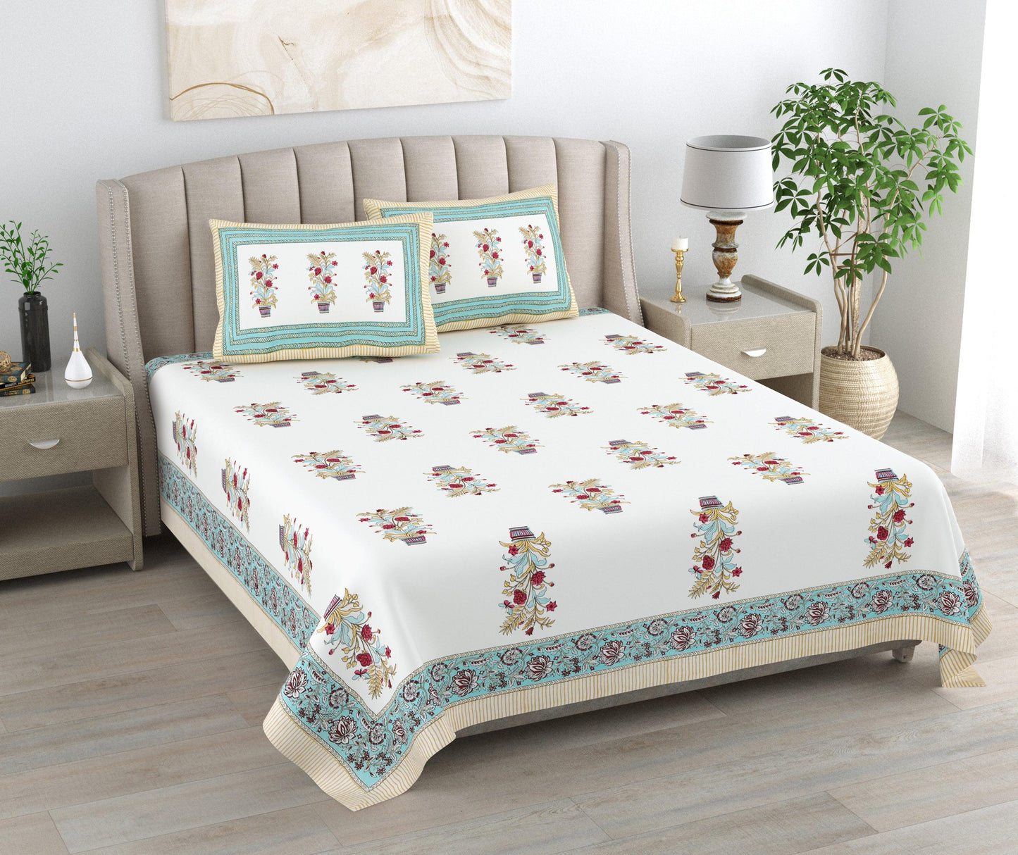 Mahanadi 310 TC Cotton Bed Sheet with 2 Pillow Covers - Printed - Clover Home Furnishings