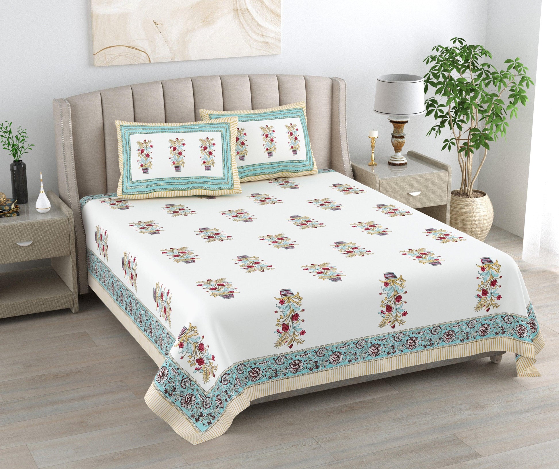 Mahanadi 310 TC Cotton Bed Sheet with 2 Pillow Covers - Printed - Clover Home Furnishings