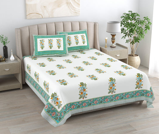 Mahanadi 310 TC Cotton Bed Sheet with 2 Pillow Covers - Printed - Clover Home Furnishings