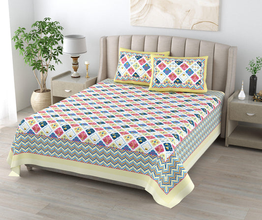 Mahanadi 310 TC Cotton Bed Sheet with 2 Pillow Covers - Printed - Clover Home Furnishings