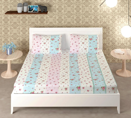 Godawari 188 TC Cotton Satin Double Bedsheet with 2 Pillow Covers - Printed Sky Blue - Clover Home Furnishings