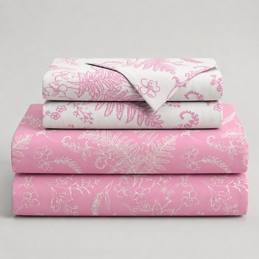 Botanical Floral Bedsheet — Pink & White