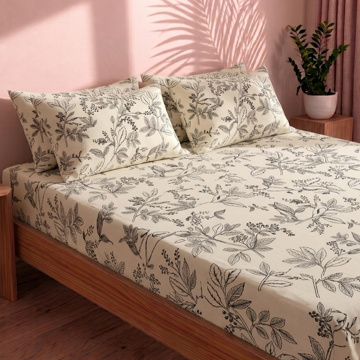 Botanical Leaf Bedsheet — Black & Cream