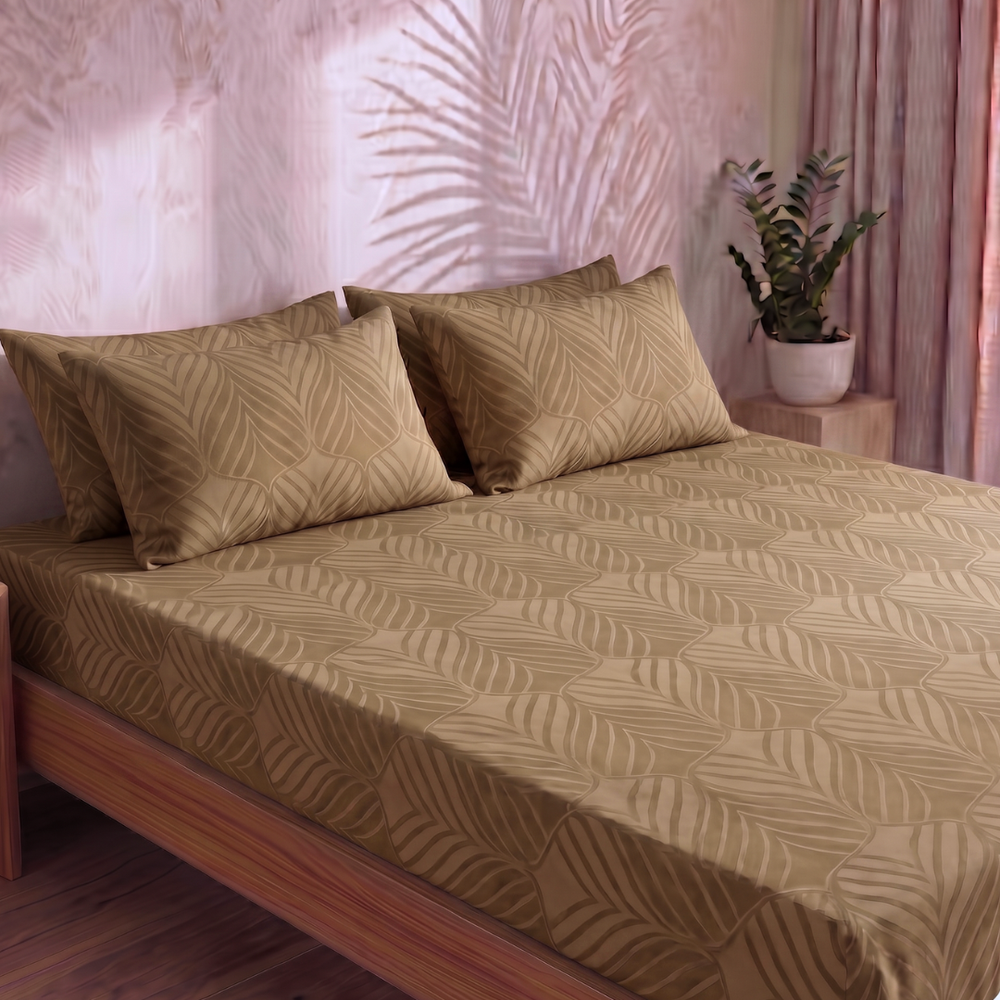 Tropical Leaf Pattern Bedsheet — Beige