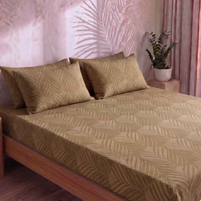Tropical Leaf Pattern Bedsheet — Beige