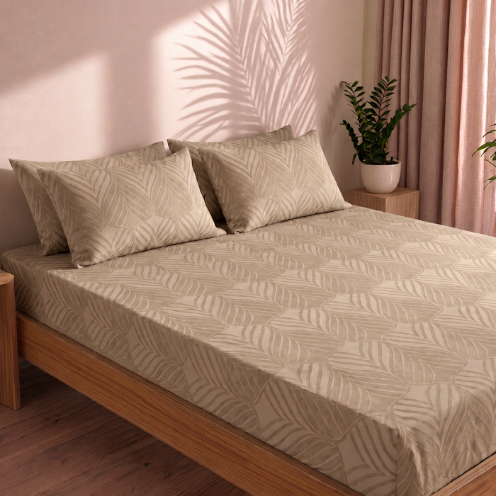 Tropical Leaf Pattern Bedsheet — Light Beige